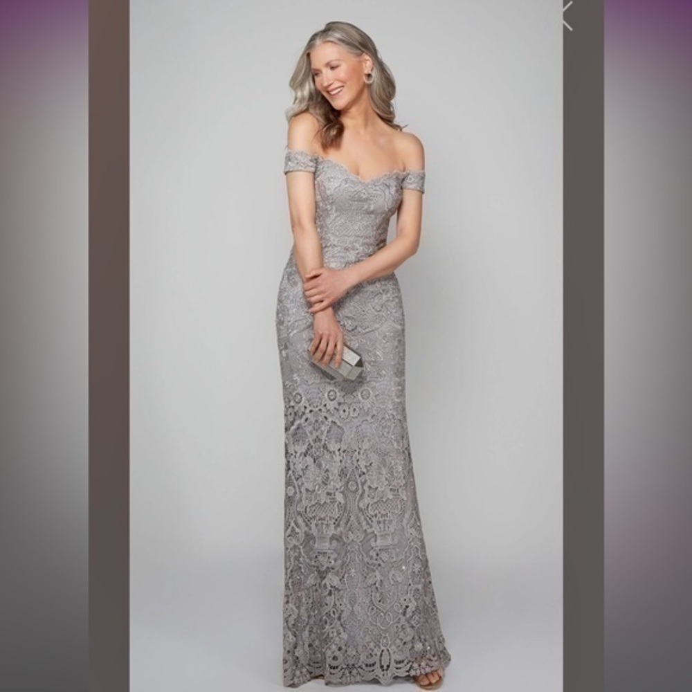 Candalite Petite Gray Silver Off Shoulder Mermaid Tulle Maxi Dress Gown